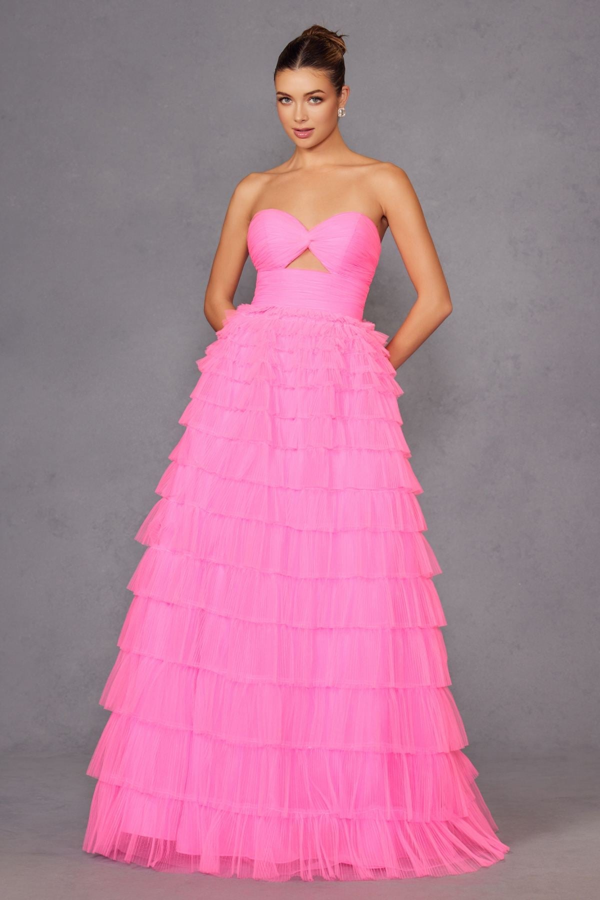 Juliet JT2456H Long Strapless Keyhole Tiered Ruffled Tulle A-Line Gown by DiscountDressShop