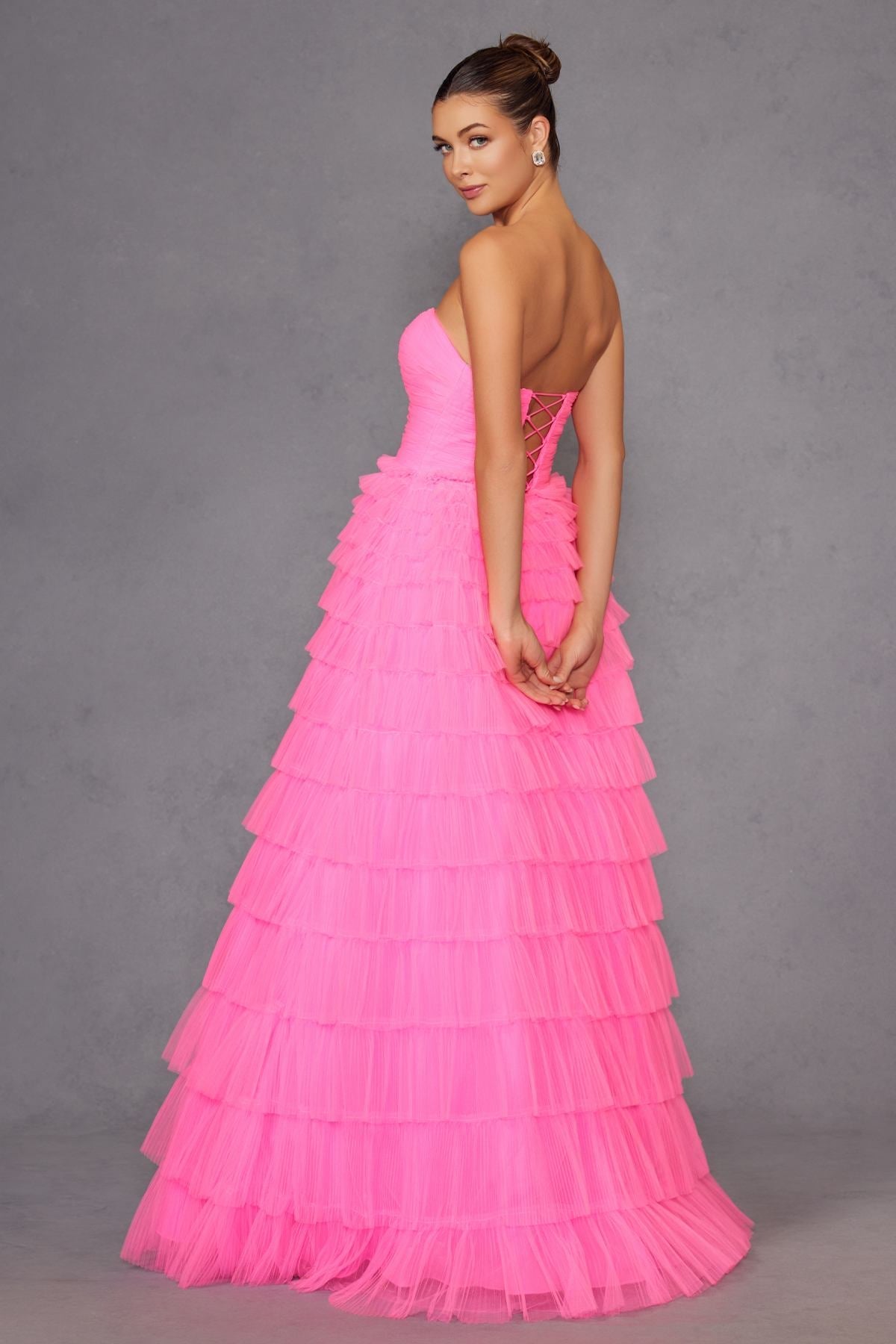 Juliet JT2456H Long Strapless Keyhole Tiered Ruffled Tulle A-Line Gown by DiscountDressShop