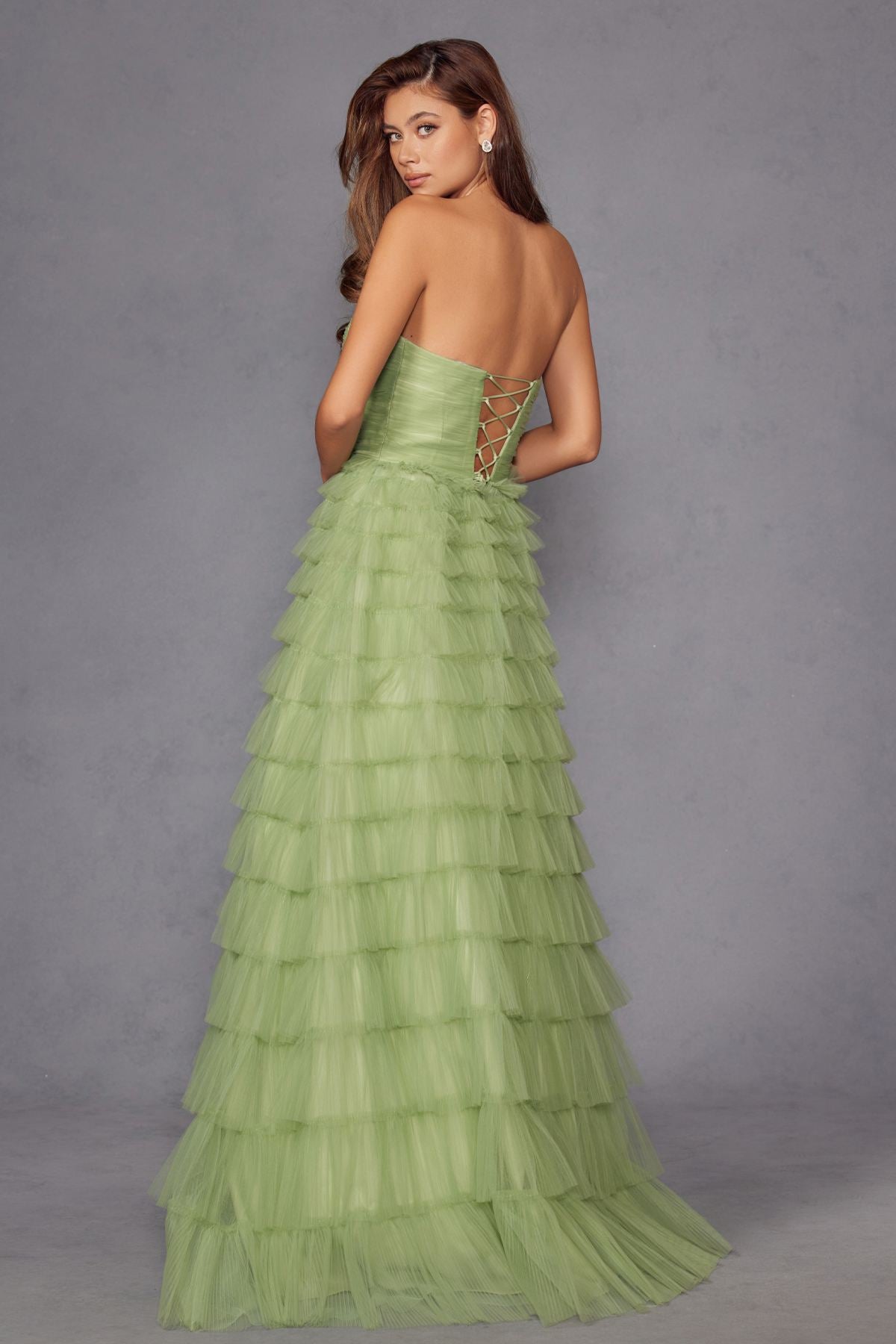 Juliet JT2456H Long Strapless Keyhole Tiered Ruffled Tulle A-Line Gown by DiscountDressShop