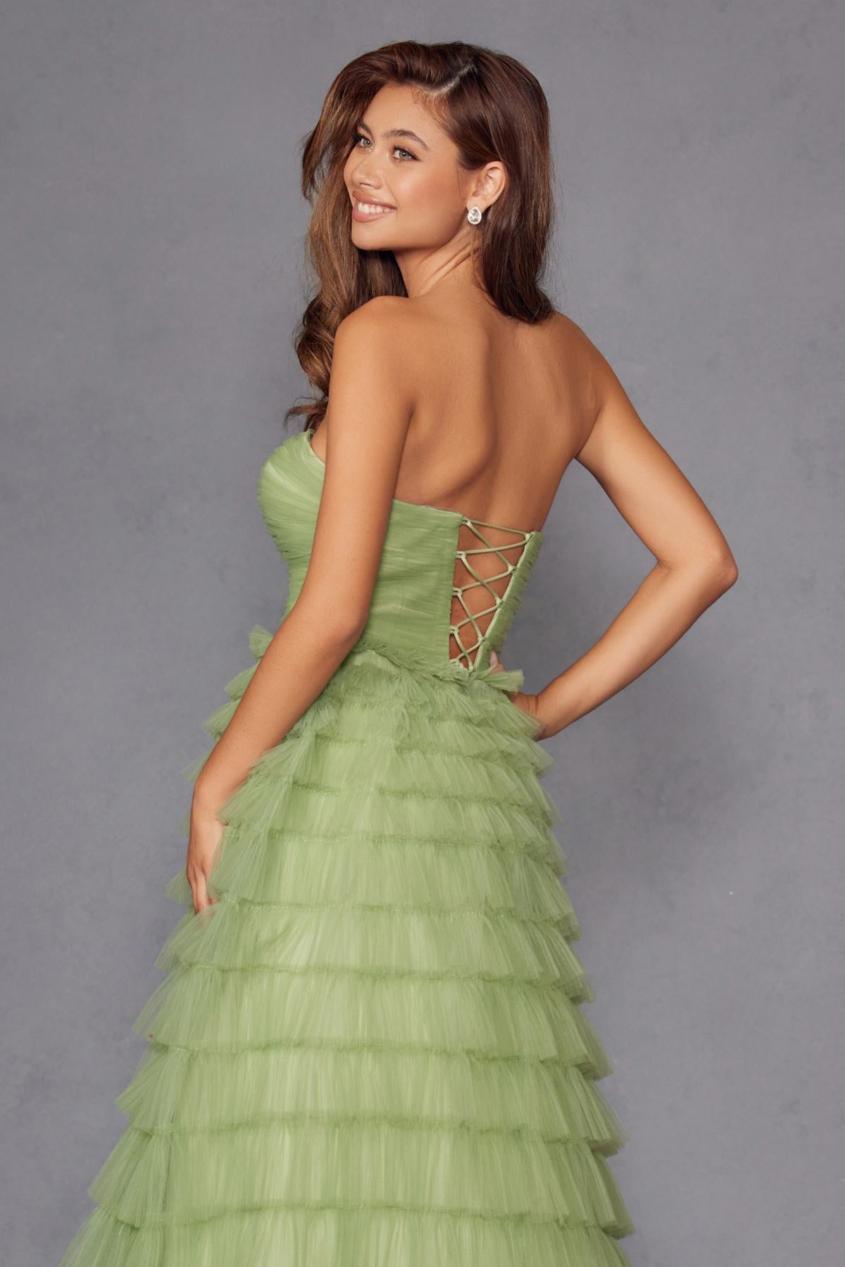 Juliet JT2456H Long Strapless Keyhole Tiered Ruffled Tulle A-Line Gown by DiscountDressShop