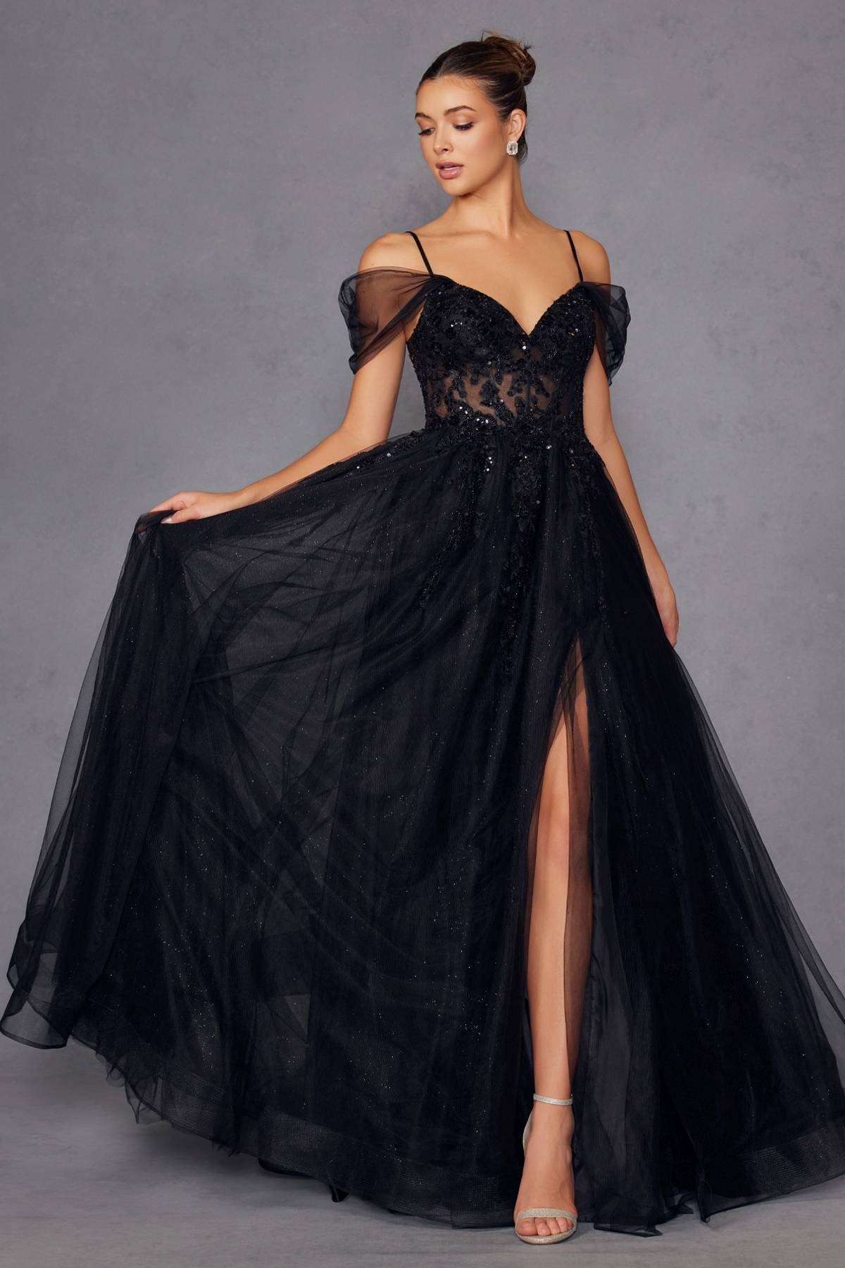 Juliet JT2466A Long Cold Shoulder Sweetheart Corset Bodice A-Line Gown by DiscountDressShop