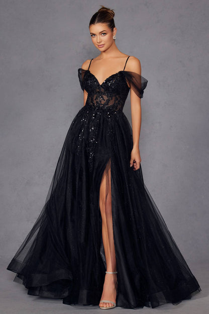 Juliet JT2466A Long Cold Shoulder Sweetheart Corset Bodice A-Line Gown by DiscountDressShop