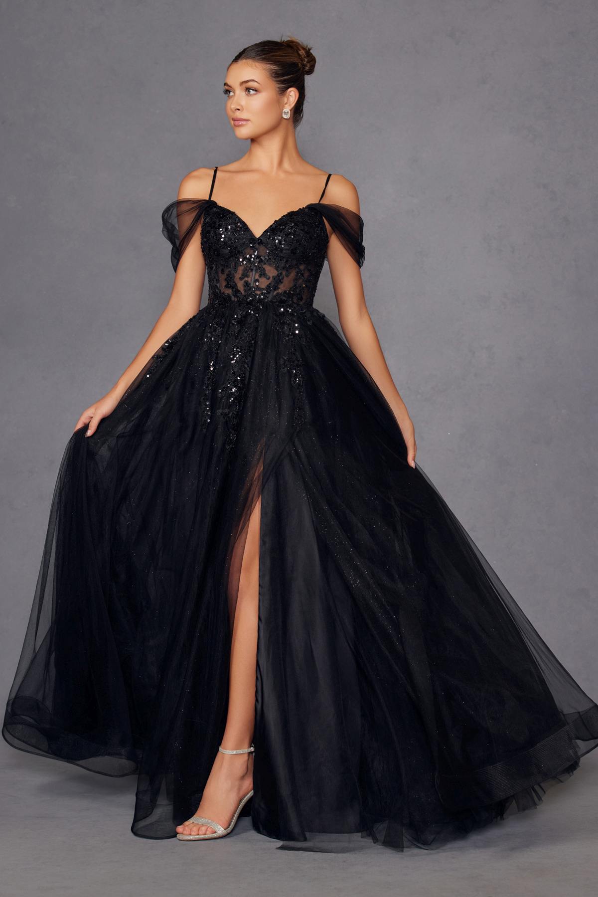 Juliet JT2466A Long Cold Shoulder Sweetheart Corset Bodice A-Line Gown by DiscountDressShop