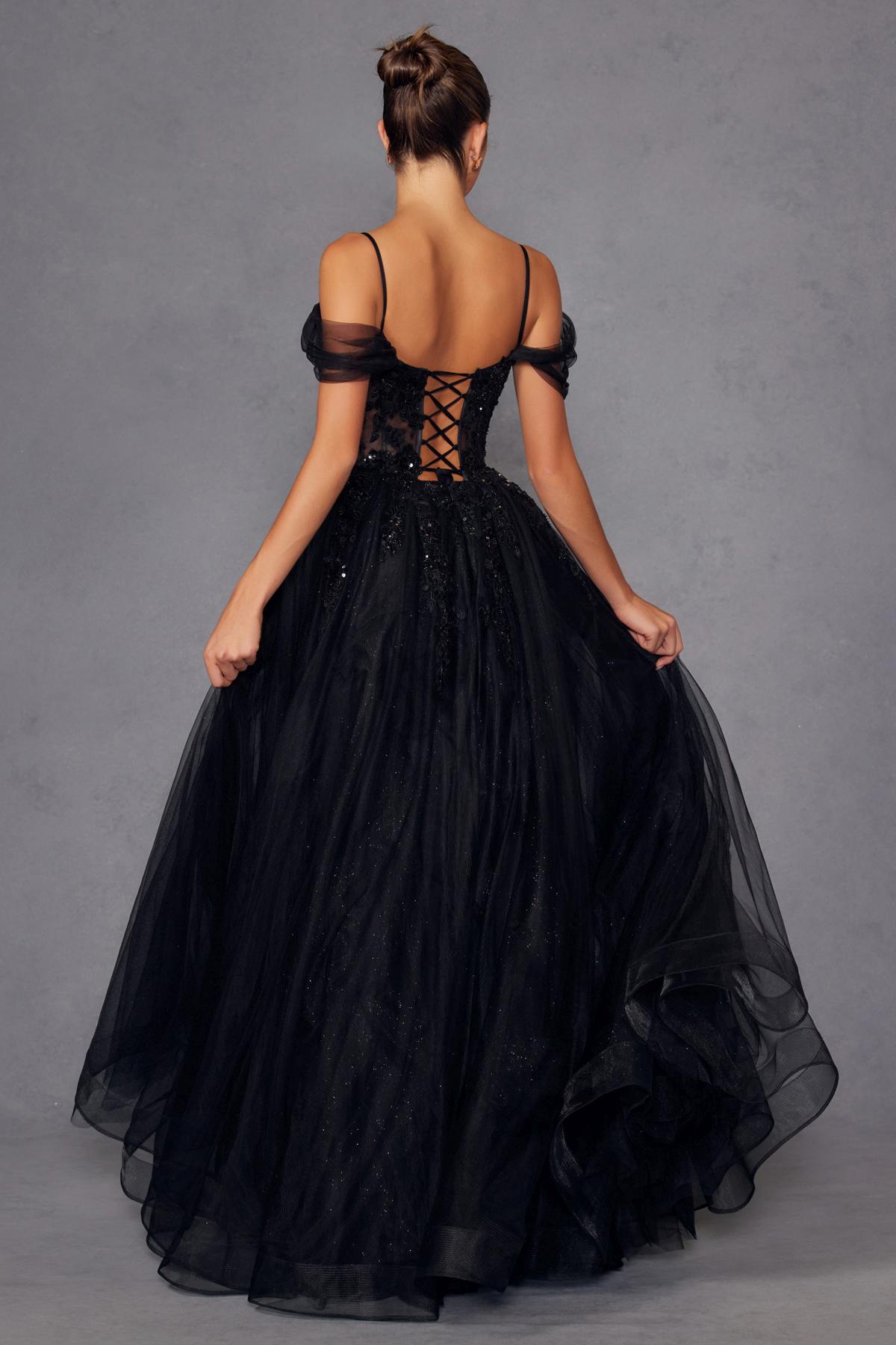 Juliet JT2466A Long Cold Shoulder Sweetheart Corset Bodice A-Line Gown by DiscountDressShop