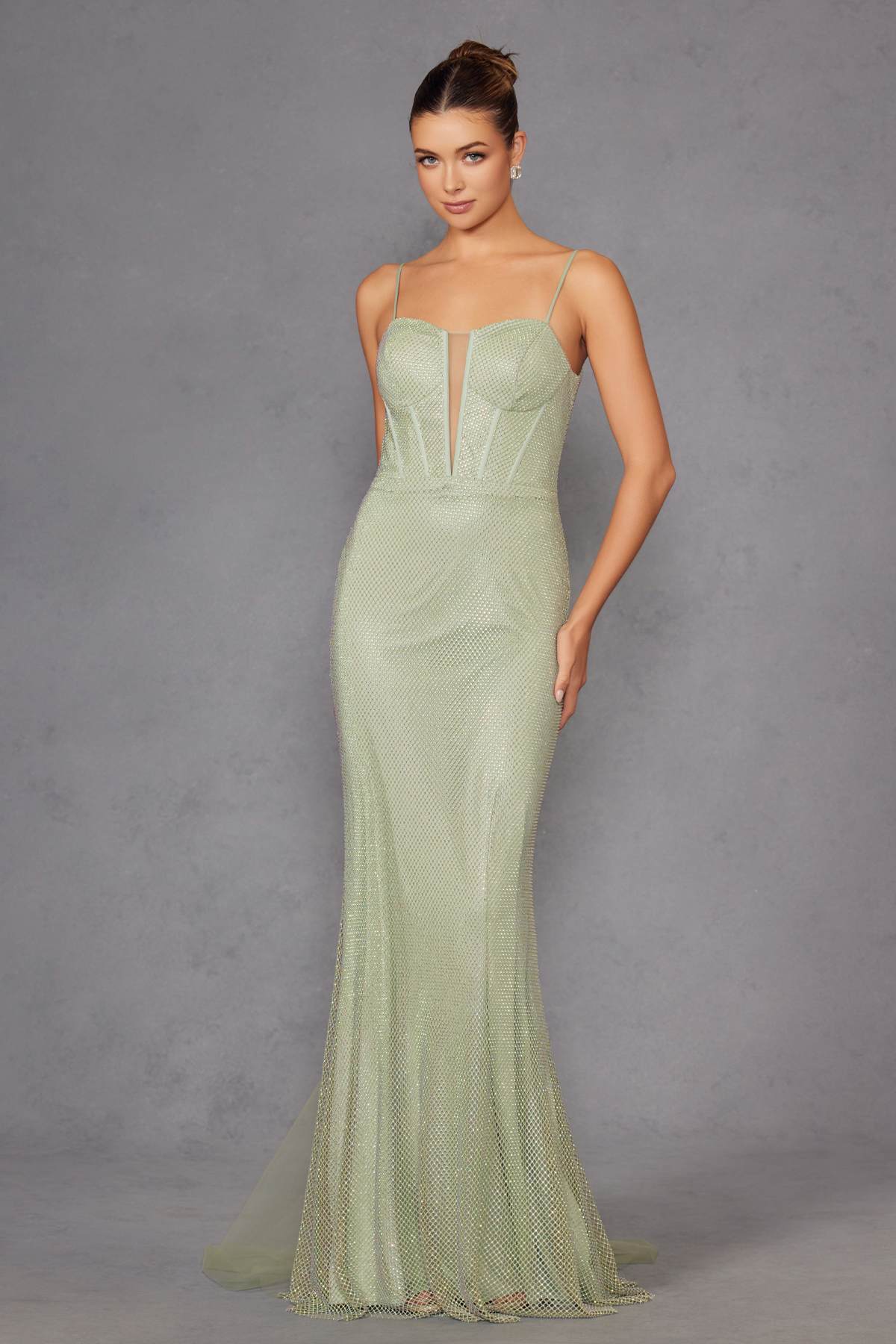 Juliet JT2470S Long V-Neck Boned Bodice Fitted Net Mesh Formal Dress by DiscountDressShop