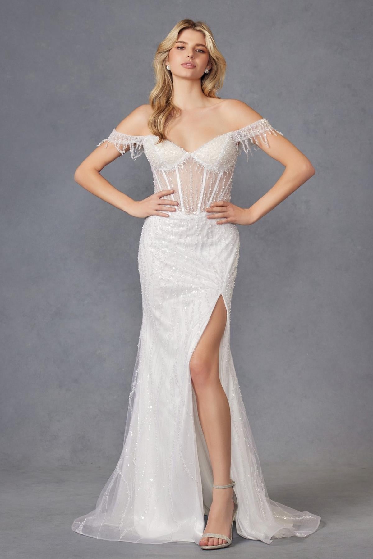 Juliet JT2471LW Long Off the Shoulder Fringe Sleeve Fitted Wedding Gown by DiscountDressShop