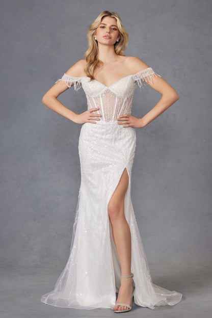 Juliet JT2471LW Long Off the Shoulder Fringe Sleeve Fitted Wedding Gown by DiscountDressShop