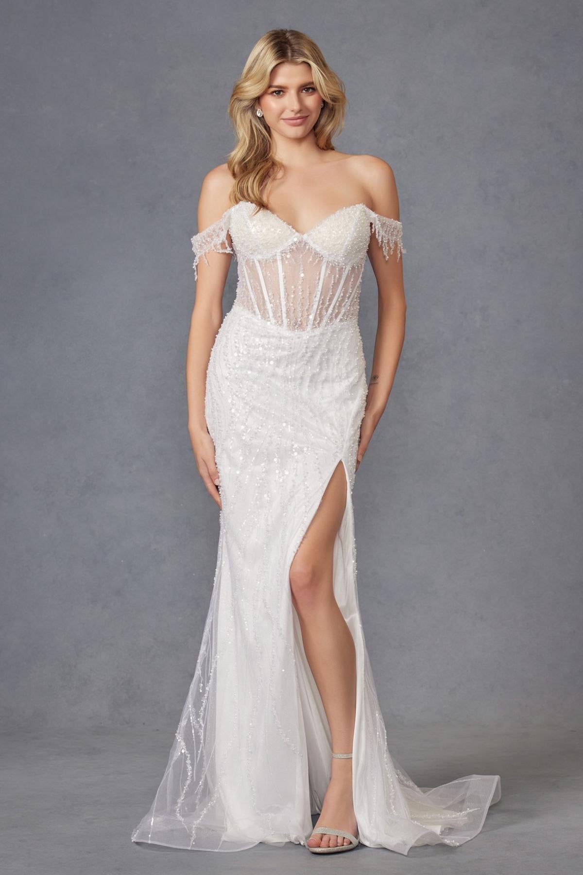 Juliet JT2471LW Long Off the Shoulder Fringe Sleeve Fitted Wedding Gown by DiscountDressShop