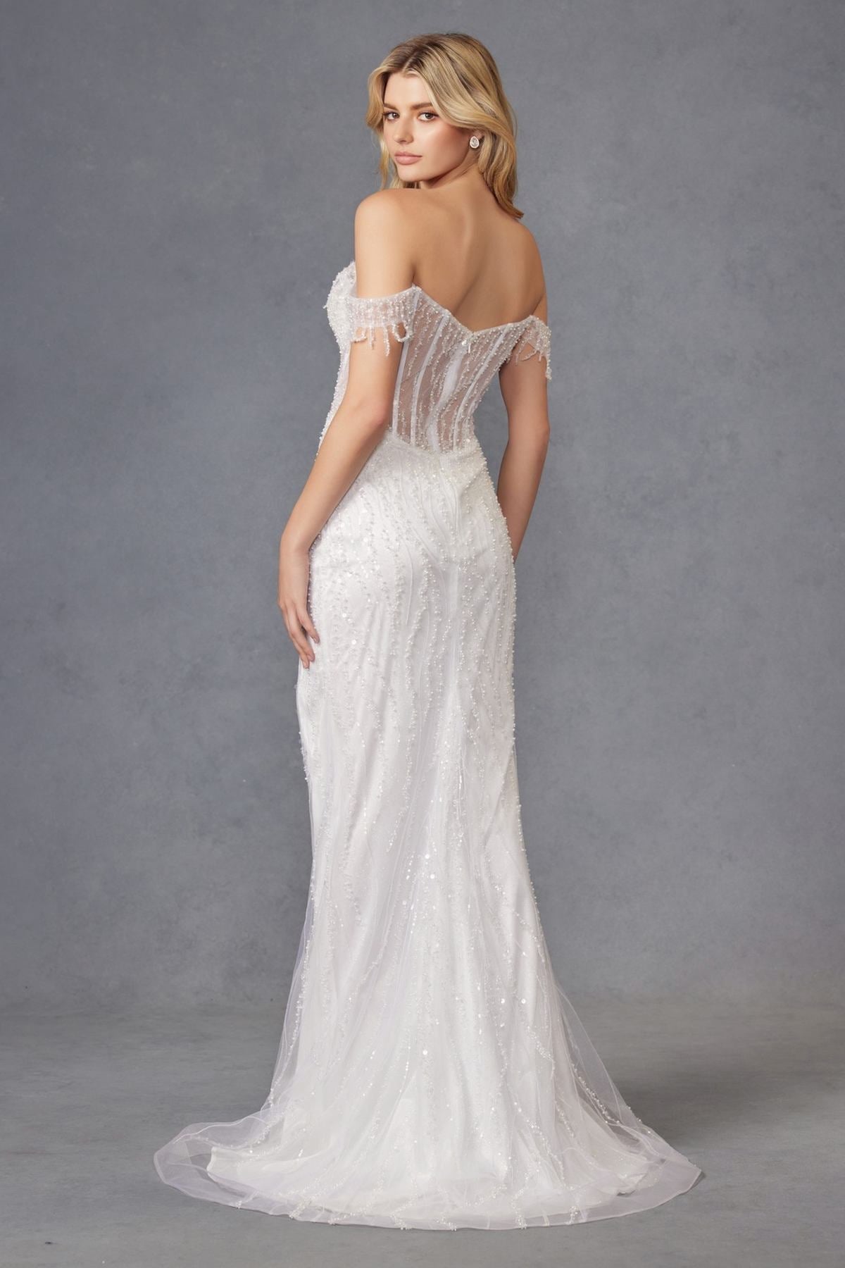 Juliet JT2471LW Long Off the Shoulder Fringe Sleeve Fitted Wedding Gown by DiscountDressShop