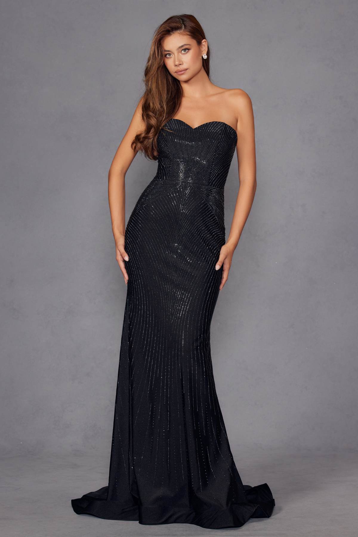 Juliet JT2472R Long Strapless Rhinestone Details Sweetheart Fitted Gown by DiscountDressShop