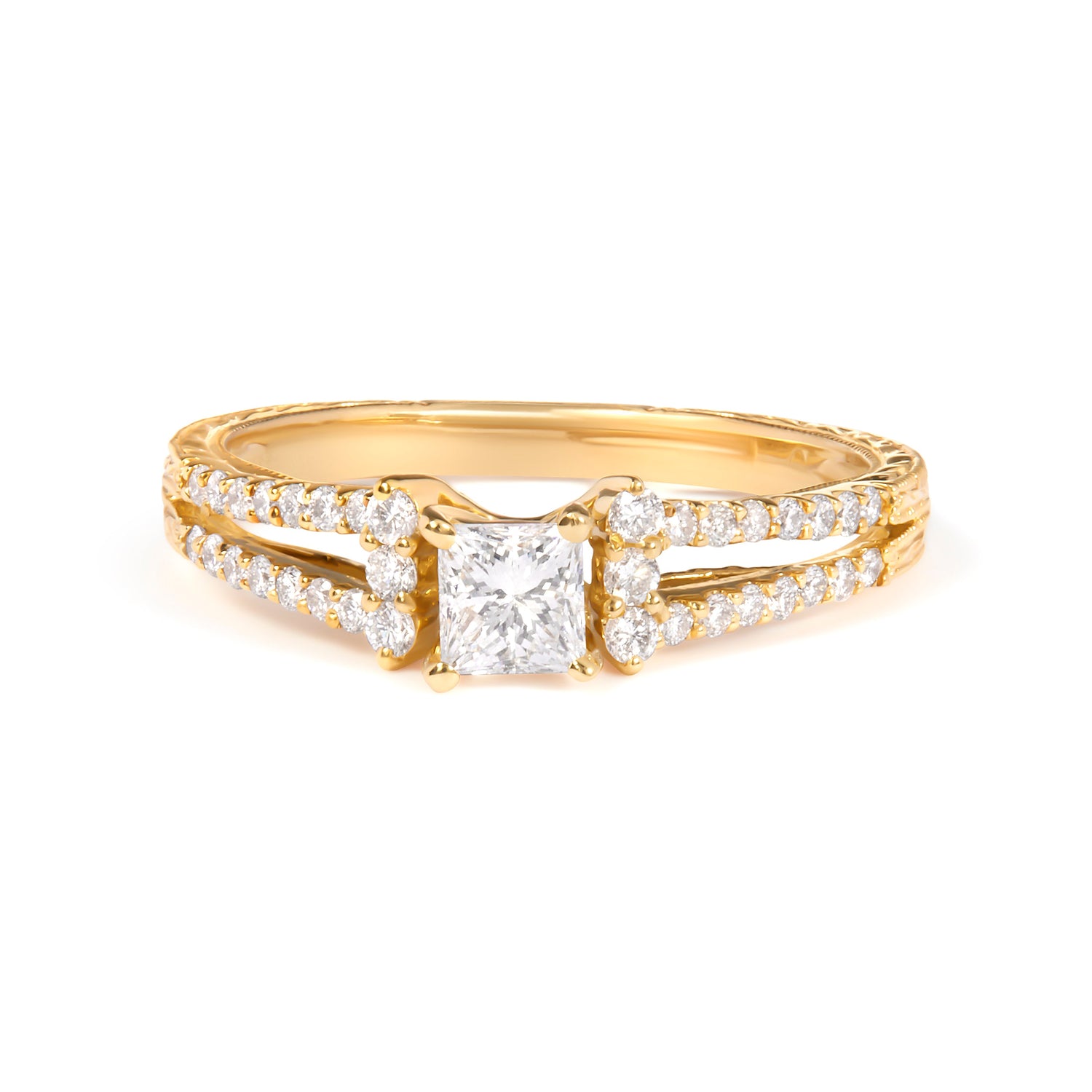 14K Yellow Gold Diamond 5/8 Cttw Princess Diamond Split Shank and Milgrain Engagement Ring (G-H Color, VS2-SI1 Clarity) - Size 7 by Bids.com