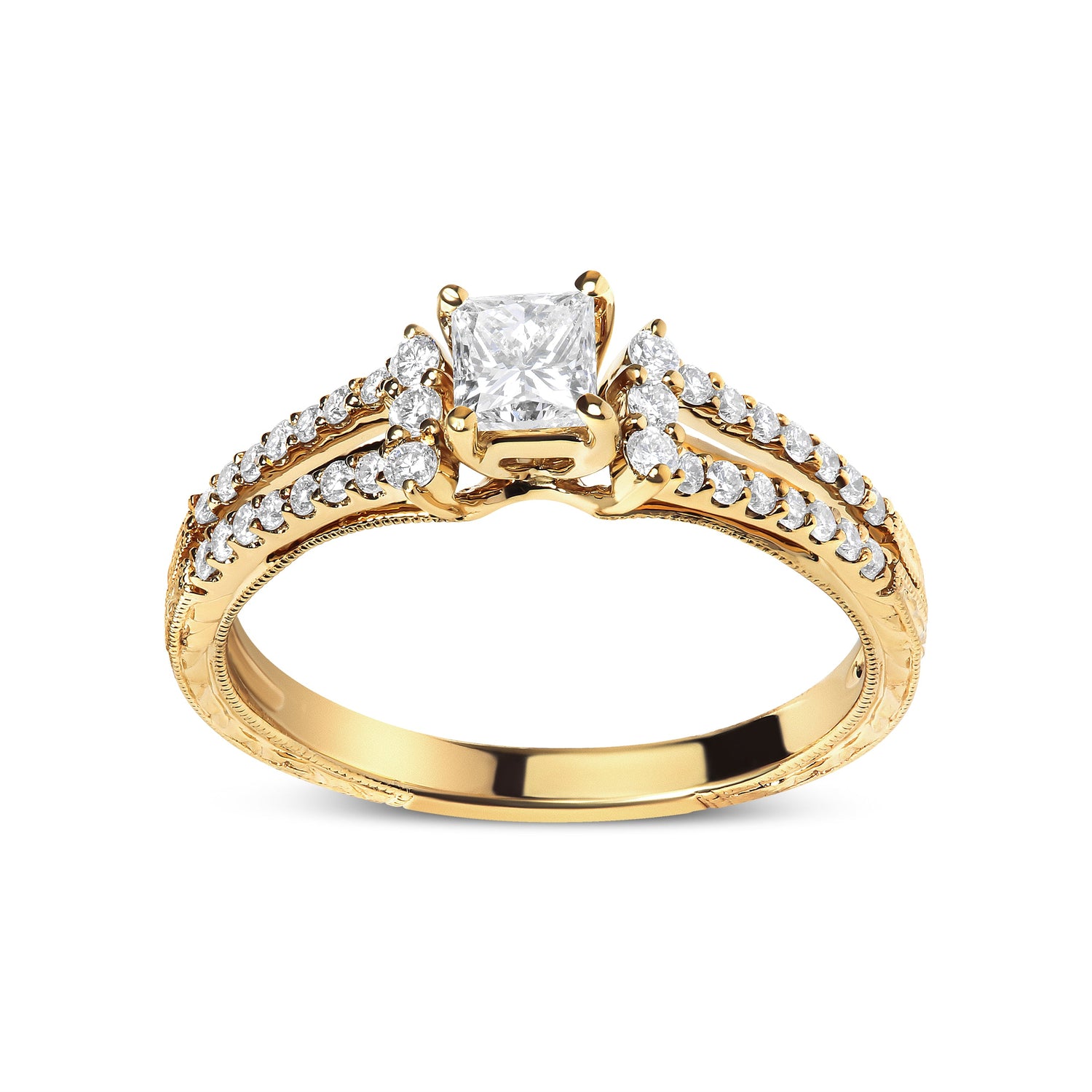 14K Yellow Gold Diamond 5/8 Cttw Princess Diamond Split Shank and Milgrain Engagement Ring (G-H Color, VS2-SI1 Clarity) - Size 7 by Bids.com
