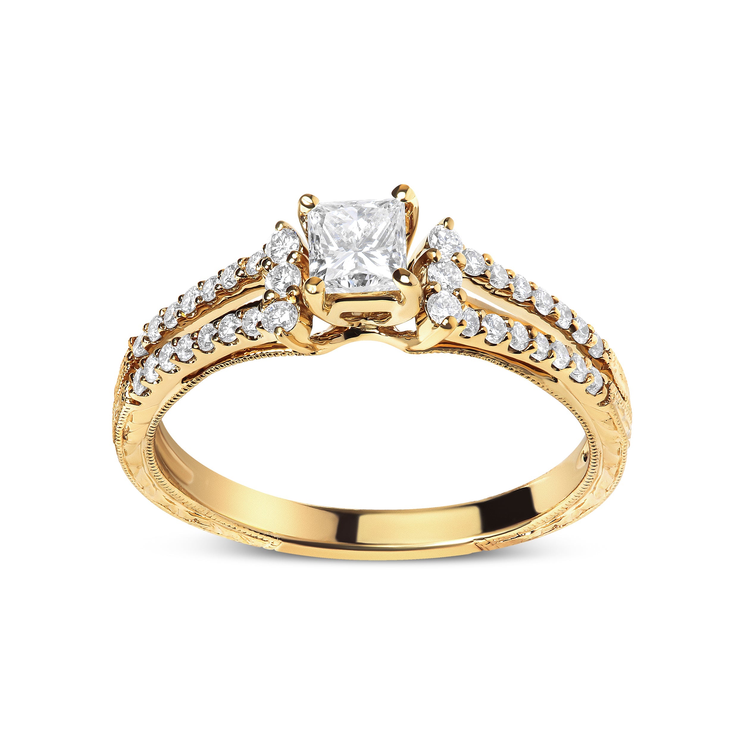 14K Yellow Gold Diamond 5/8 Cttw Princess Diamond Split Shank and Milgrain Engagement Ring (G-H Color, VS2-SI1 Clarity) - Size 7 by Bids.com