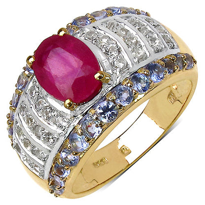 14K Yellow Gold Plated 3.02 Carat Genuine Ruby, Tanzanite &amp; White Topaz .925 Sterling Silver Ring by Bids.com