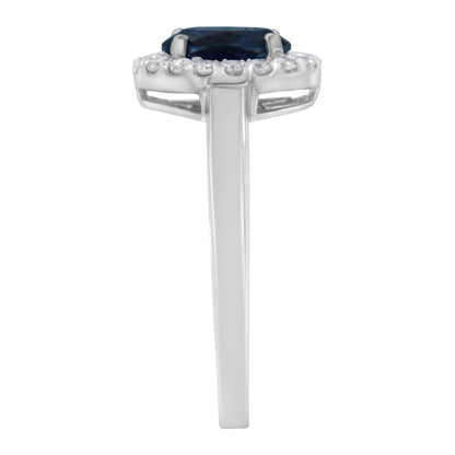 10K White Gold 1/5 Cttw Round Diamond and Prong Set 7MM Created Blue Sapphire Halo Cocktail Ring (H-I Color, I1-I2 Clarity) - Size 7 by Bids.com