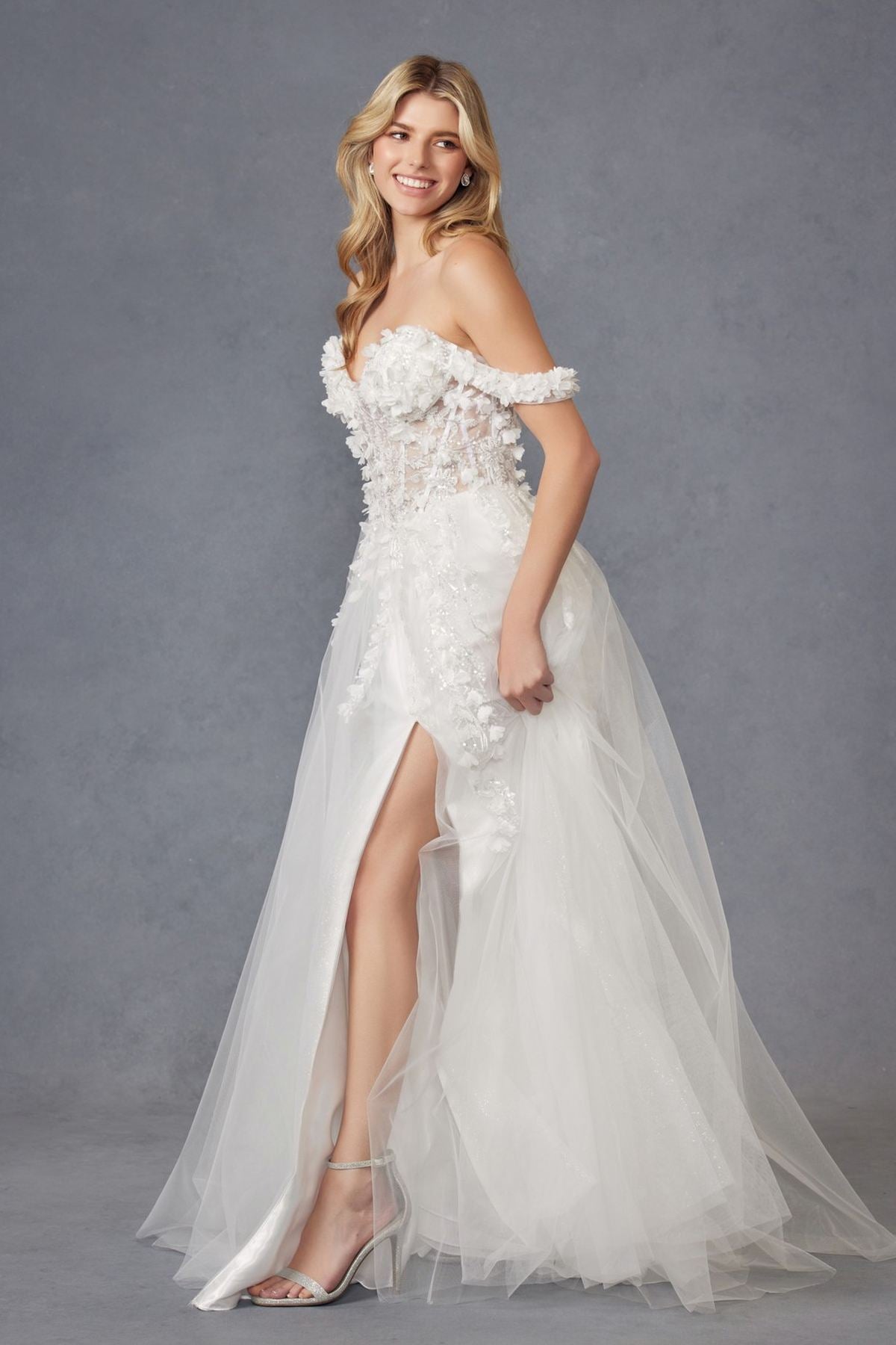 Juliet JT2483KW Dress Off Shoulder 3D Floral Ball Gown by DiscountDressShop