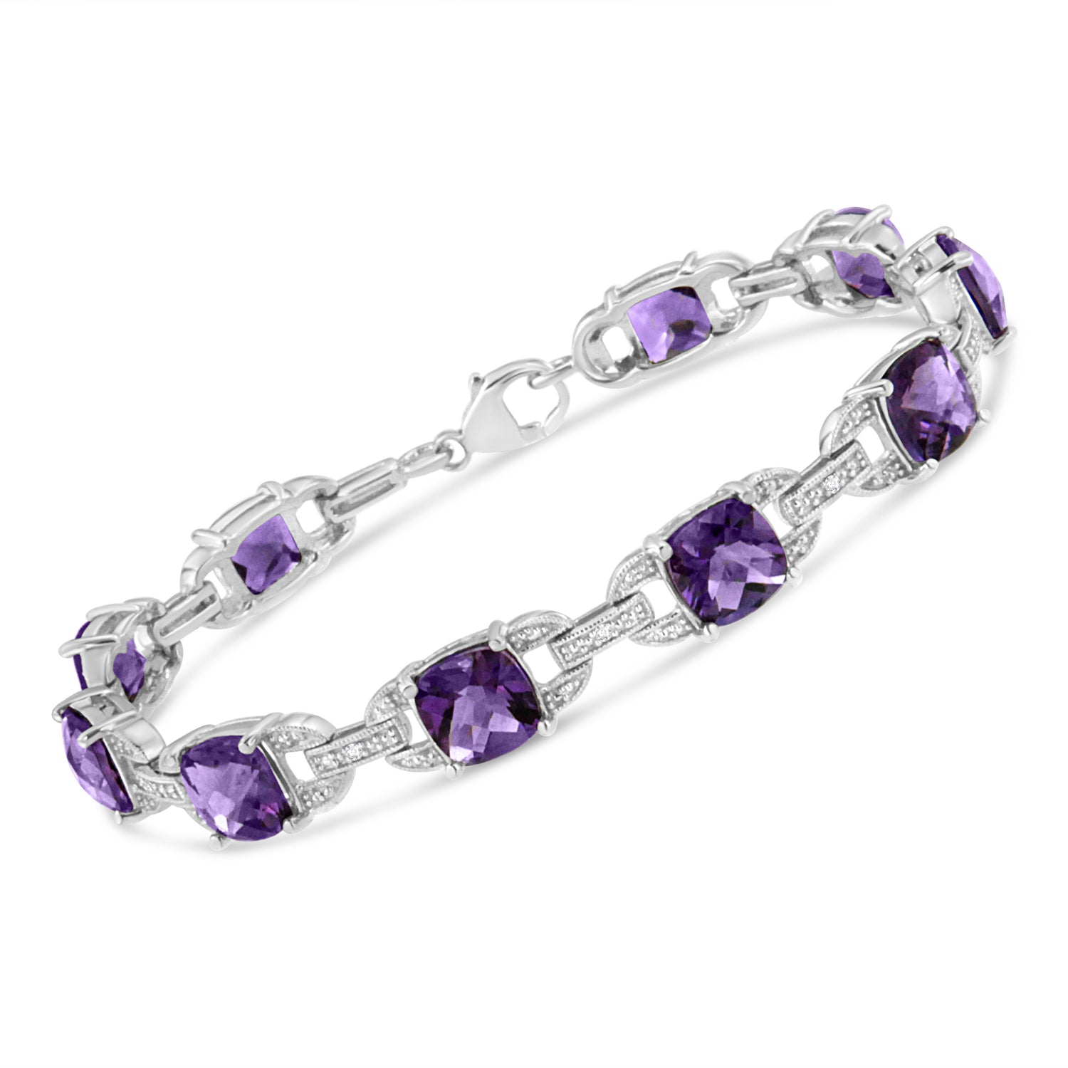 .925 Sterling Silver 7mm Cushion Cut Amethyst Gemstone and Diamond Tennis Link Bracelet (I-J Color, I1-I2 Clarity) - Size 7" by Bids.com