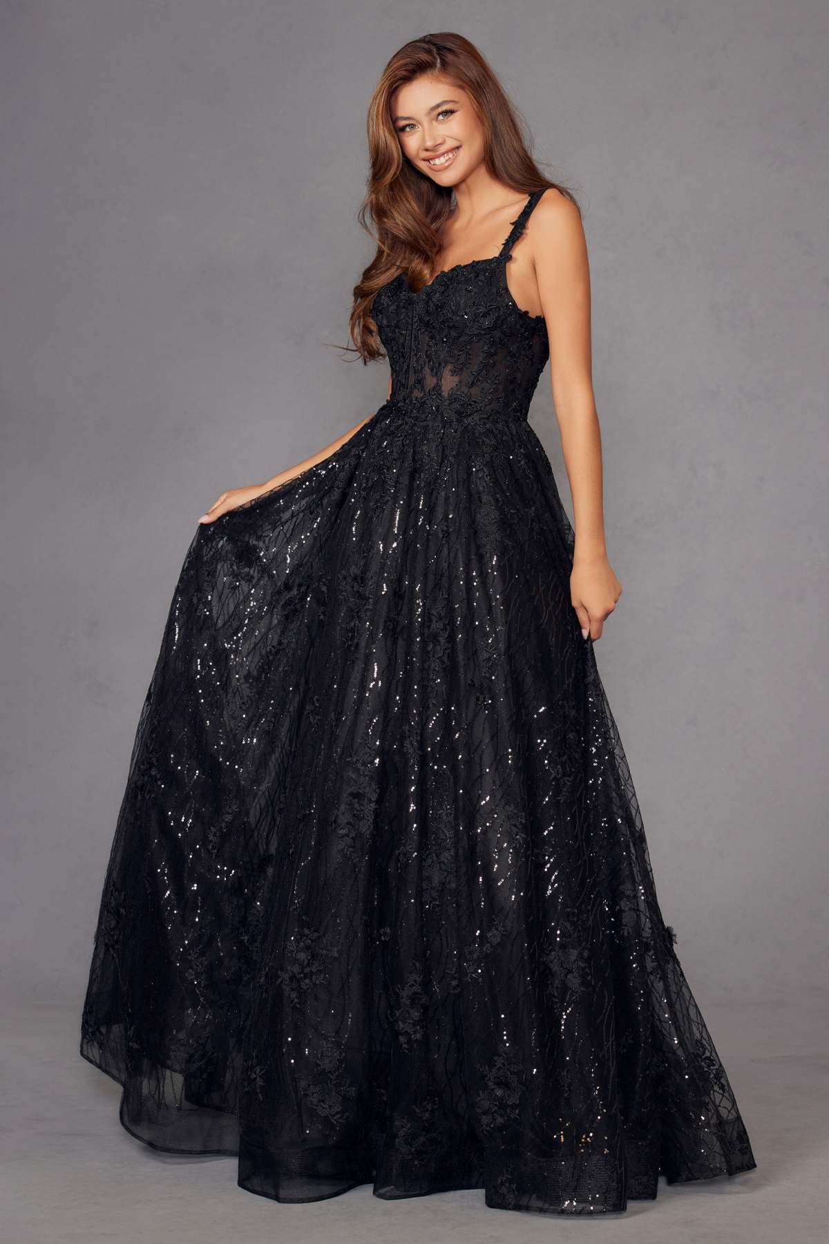 Juliet JT2495A Long A-Line Floral Lace Evening Gown by DiscountDressShop