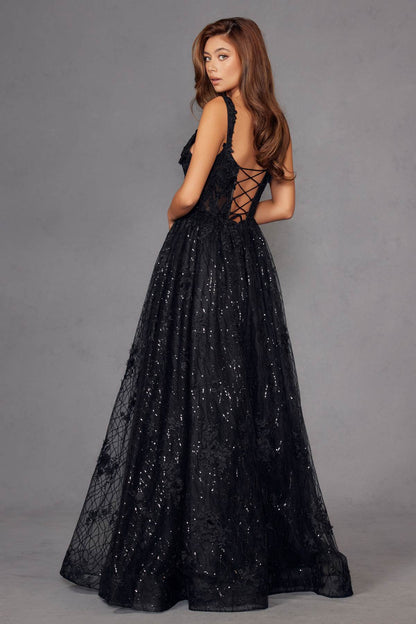 Juliet JT2495A Long A-Line Floral Lace Evening Gown by DiscountDressShop