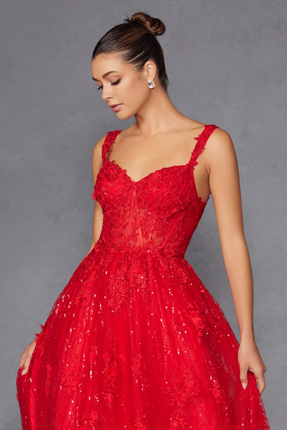Juliet JT2495A Long A-Line Floral Lace Evening Gown by DiscountDressShop