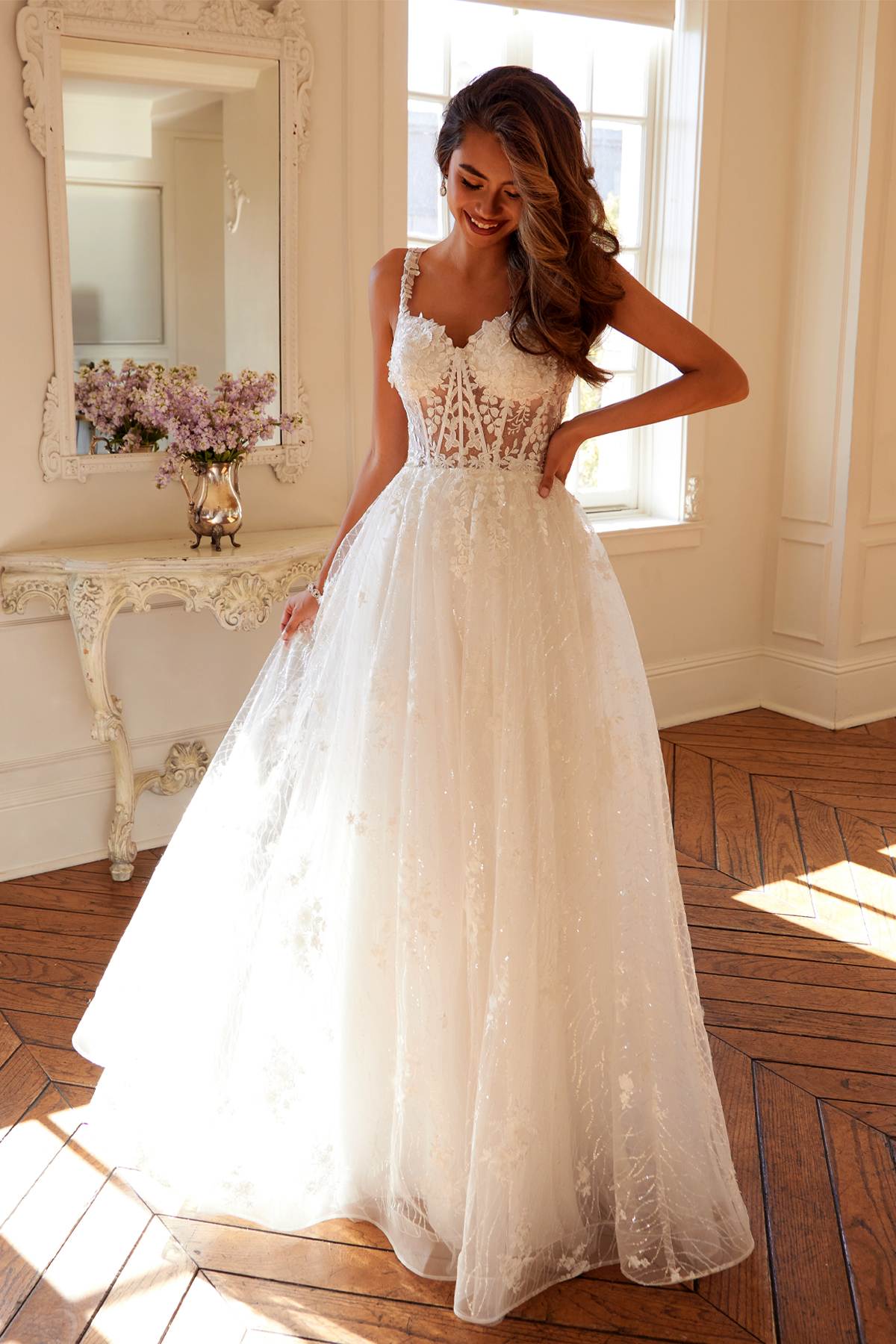 Juliet JT2495AW Long A-Line Floral Lace Bridal Gown by DiscountDressShop