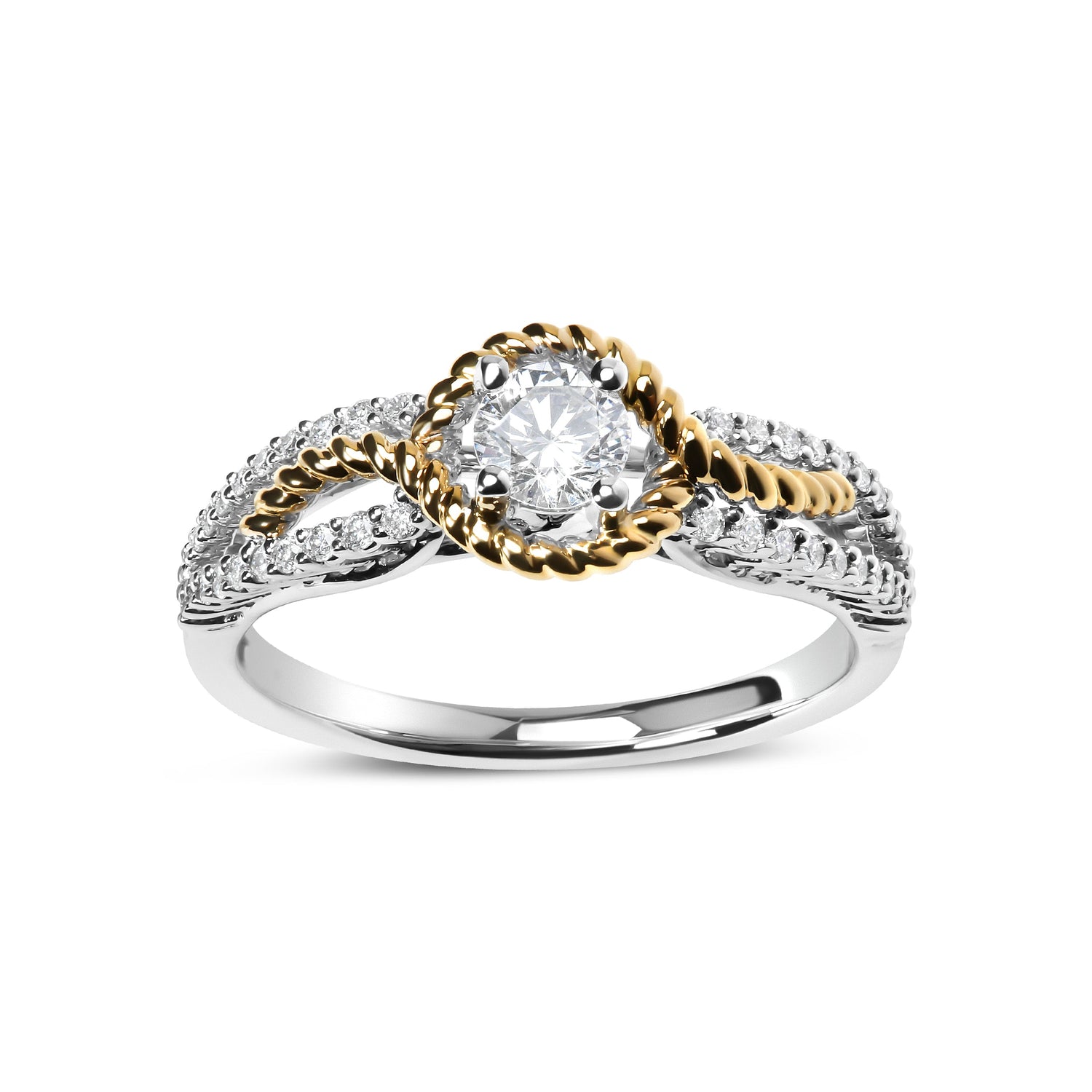 14K Two-Toned Gold Diamond 3/8 Cttw Diamond Split Shank and Beaded Halo Engagement Ring (G-H Color, VS2-SI1 Clarity) - Size 7 by Bids.com