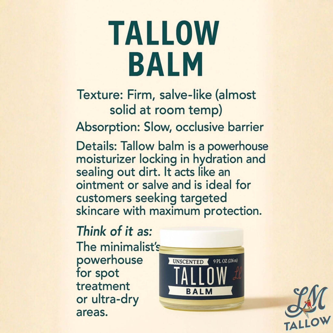 Unscented Tallow Balm | Natural Beef Tallow Vitamin E, Jojoba Moisturizer for Face &amp; Body |Clean, Preservative-Free Skincare by Lady May by Lady May Tallow
