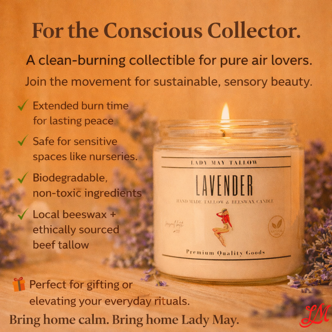 Lady May Tallow "Classic" Tallow &amp; Beeswax Candle 16oz | 7 Natural Scents | Non-Toxic Clean Burning by Lady May Tallow