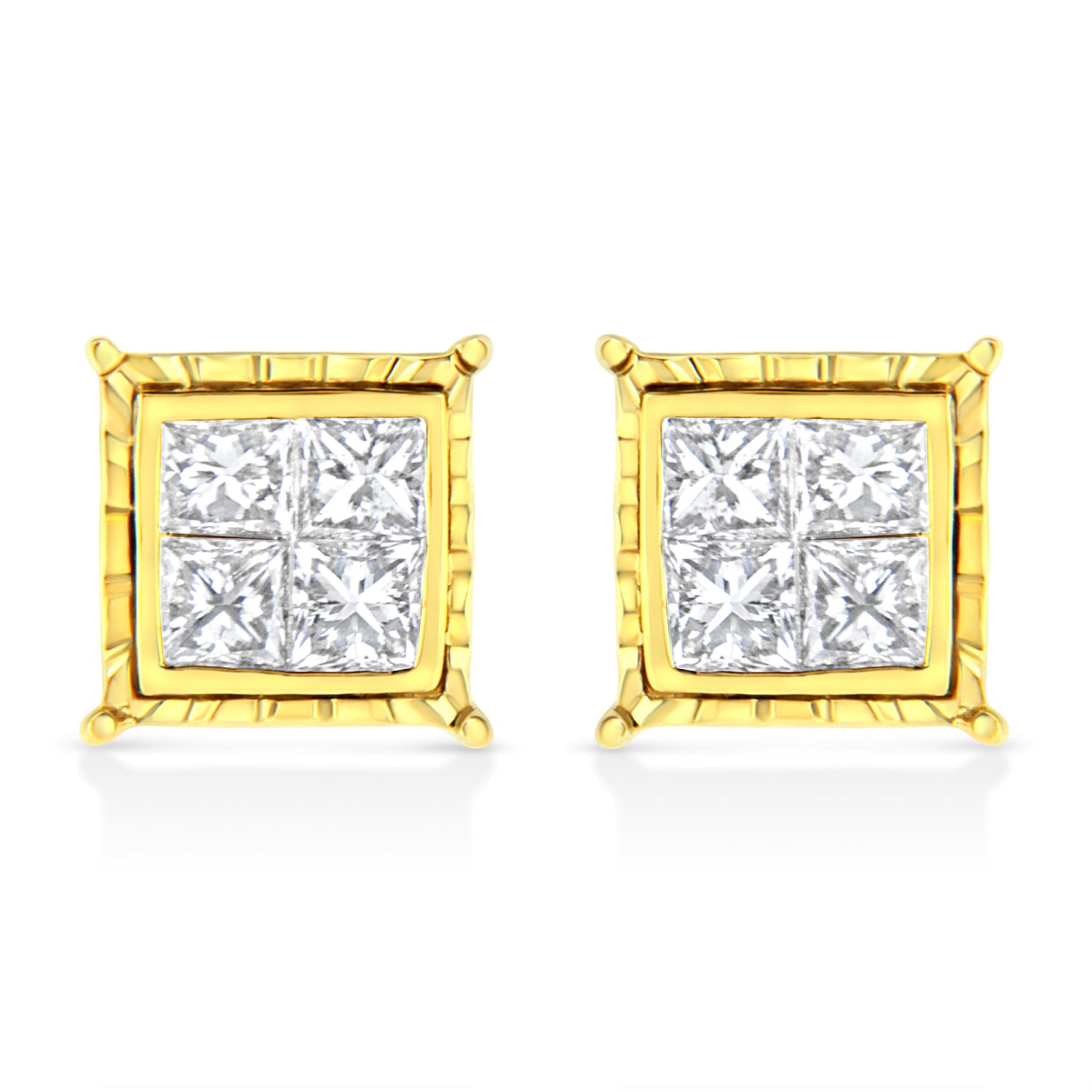 14K Yellow Gold 1.0 Cttw Invisible Set Princess-Cut Diamond Composite 8 Stone Stud Earrings (I-J Color, SI1-SI2 Clarity) by Bids.com