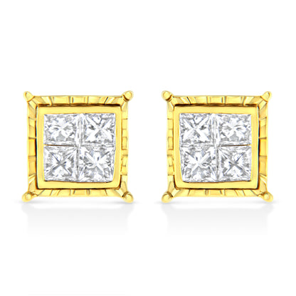 14K Yellow Gold 1.0 Cttw Invisible Set Princess-Cut Diamond Composite 8 Stone Stud Earrings (I-J Color, SI1-SI2 Clarity) by Bids.com