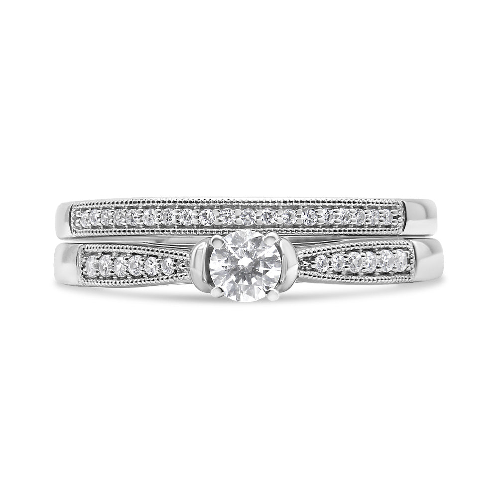 .925 Sterling Silver 1/3 Cttw Diamond Classic Engagement Ring Bridal Set with Milgrain (I-J Color, I3 Clarity) - Ring Size 7 by Bids.com