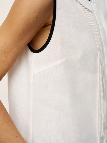 Linen-Lyocell Contrast Trim Pleated Sleeveless Top JUNIPER by LINTICO