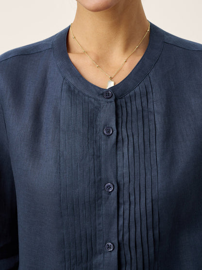 100% Linen Sculpted Accordion Pleat Crew Neck Shirt RANA by LINTICO