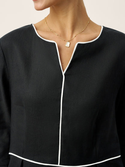 Linen-Lyocell Contrast Trim Gathered Midi Dress NYX by LINTICO