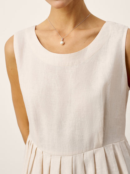 100% Linen Sleeveless Crew Neck Waist Pleated Maxi Dress SELENE by LINTICO