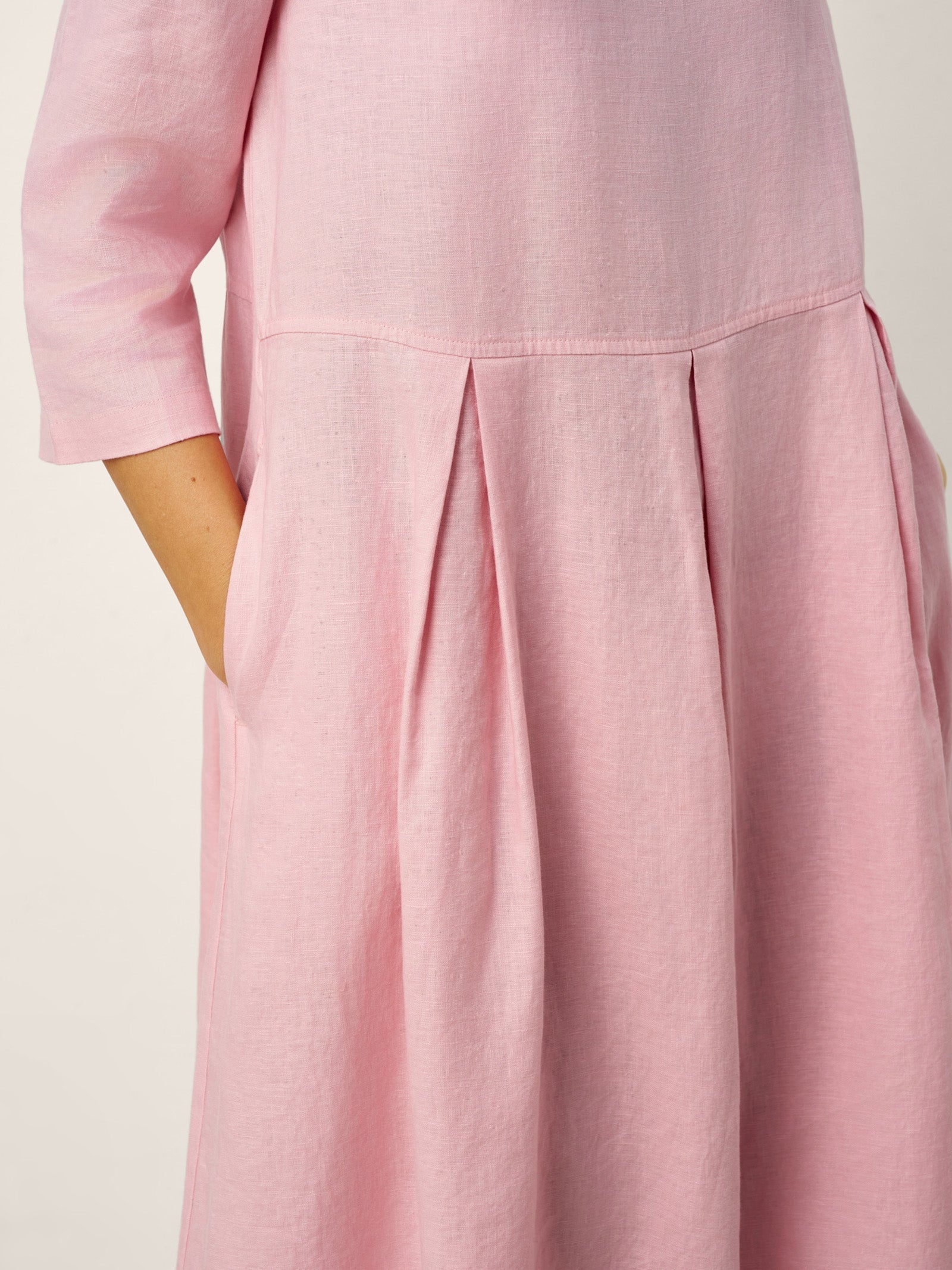100% Linen Crescent Neck Decorative Button Waist Pleated Midi Dress GWENYTH  DestGlow