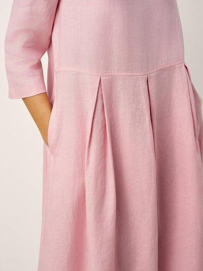 100% Linen Crescent Neck Decorative Button Waist Pleated Midi Dress GWENYTH  DestGlow