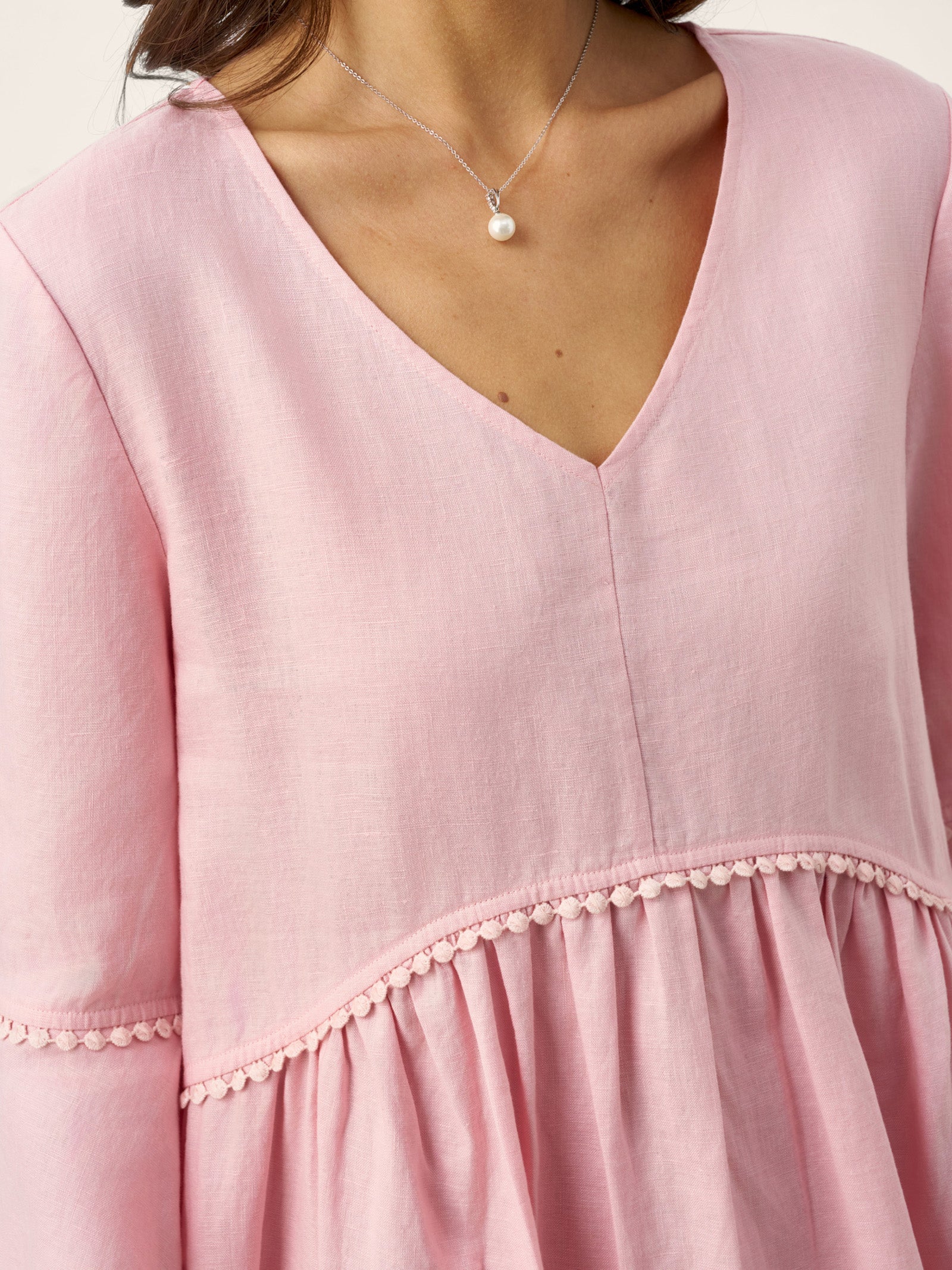 100% Linen V-Neck Ruffle Hem Midi Dress with Crochet Trim MARTHA by LINTICO