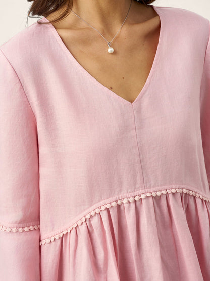 100% Linen V-Neck Ruffle Hem Midi Dress with Crochet Trim MARTHA by LINTICO