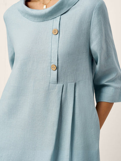 100% Linen Rolled Collar Asymmetric Button Maxi Dress ELARAINE by LINTICO