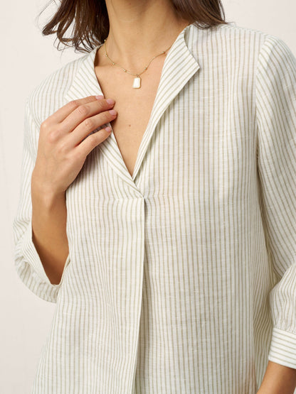 Linen-Lyocell Striped Lapel Inverted Pleat Pullover Top MARGOT by LINTICO