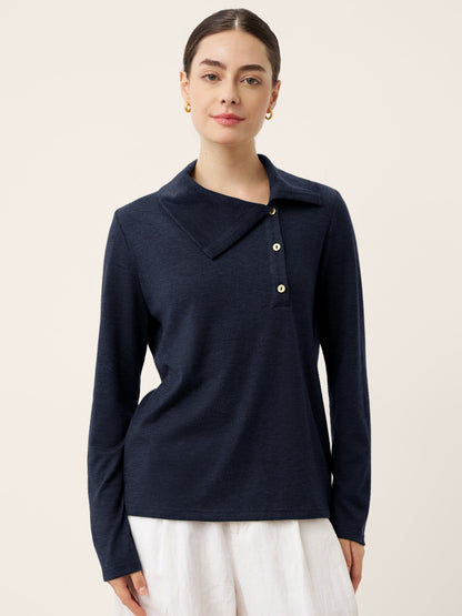 Wool Asymmetric Lapel Fruit Button Decor Top YSABEL by LINTICO
