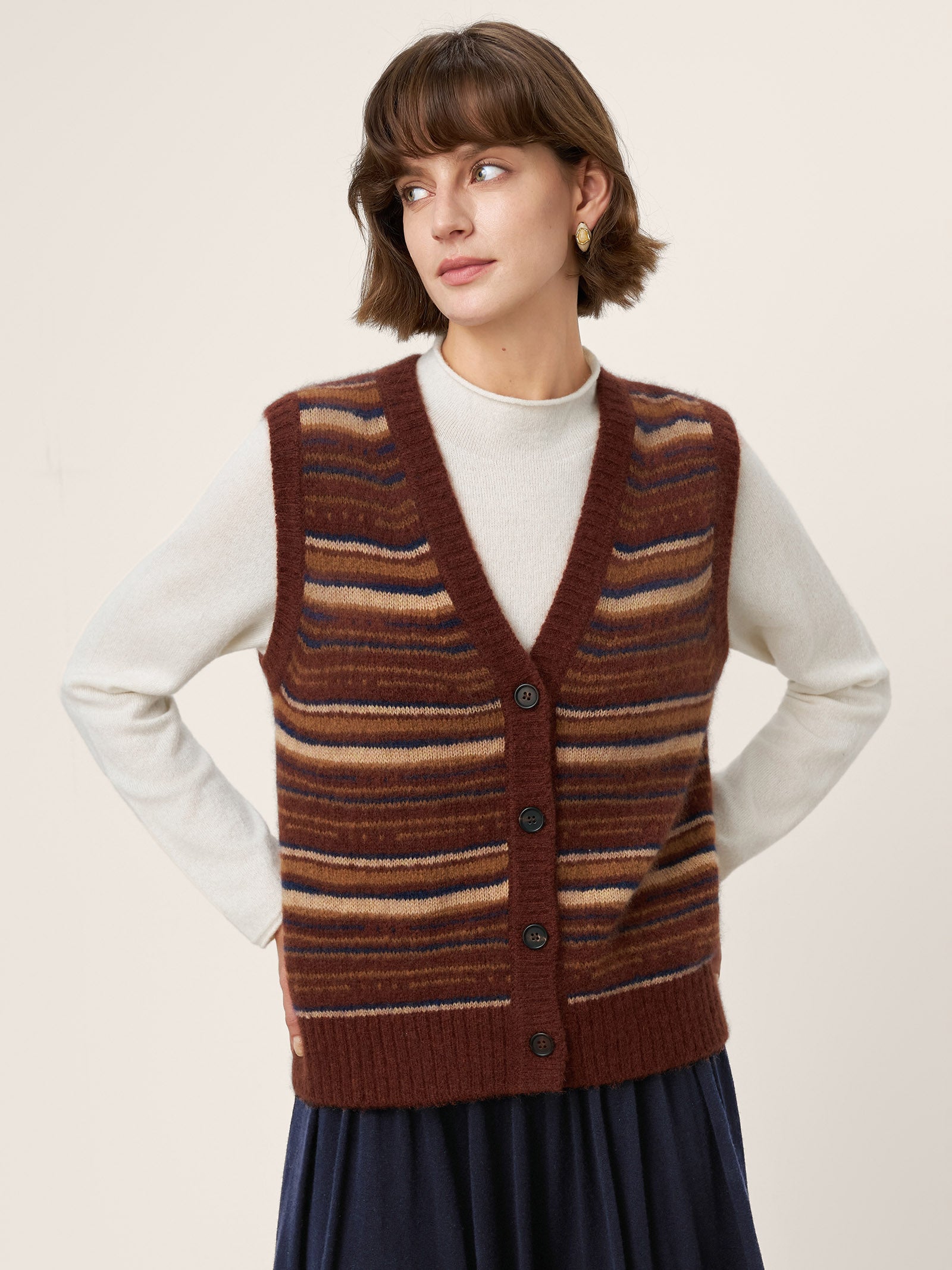 Mongolian Cashmere and Mulberry Silk Colorblock Stripe Button-Front Vest SOPHIE by LINTICO