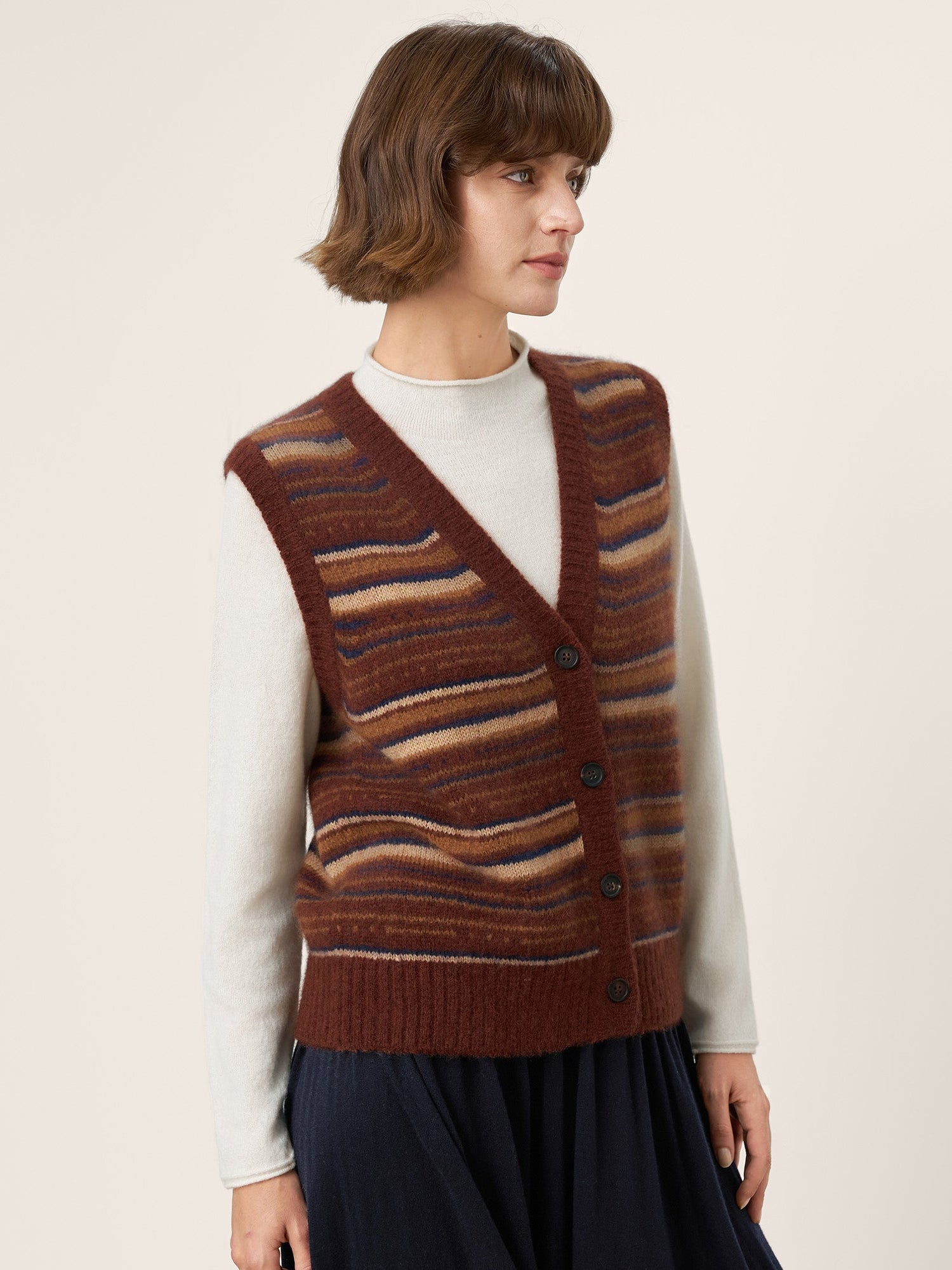Mongolian Cashmere and Mulberry Silk Colorblock Stripe Button-Front Vest SOPHIE by LINTICO