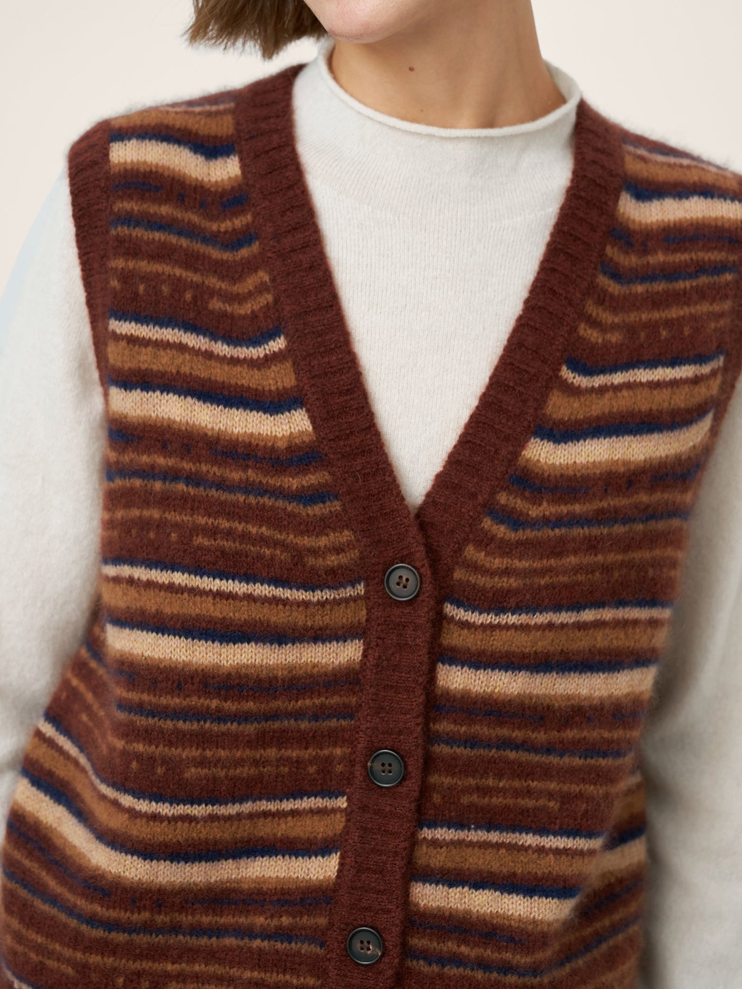 Mongolian Cashmere and Mulberry Silk Colorblock Stripe Button-Front Vest SOPHIE by LINTICO