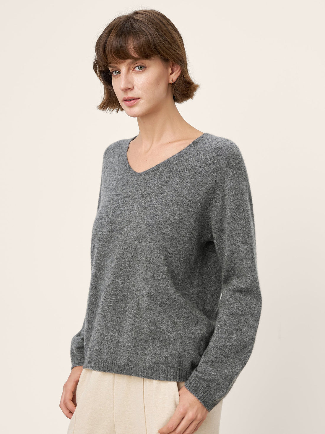 Mongolian Cashmere &amp; Mulberry Silk Seamless Ribbed Trim V-Neck Sweater TESSA by LINTICO