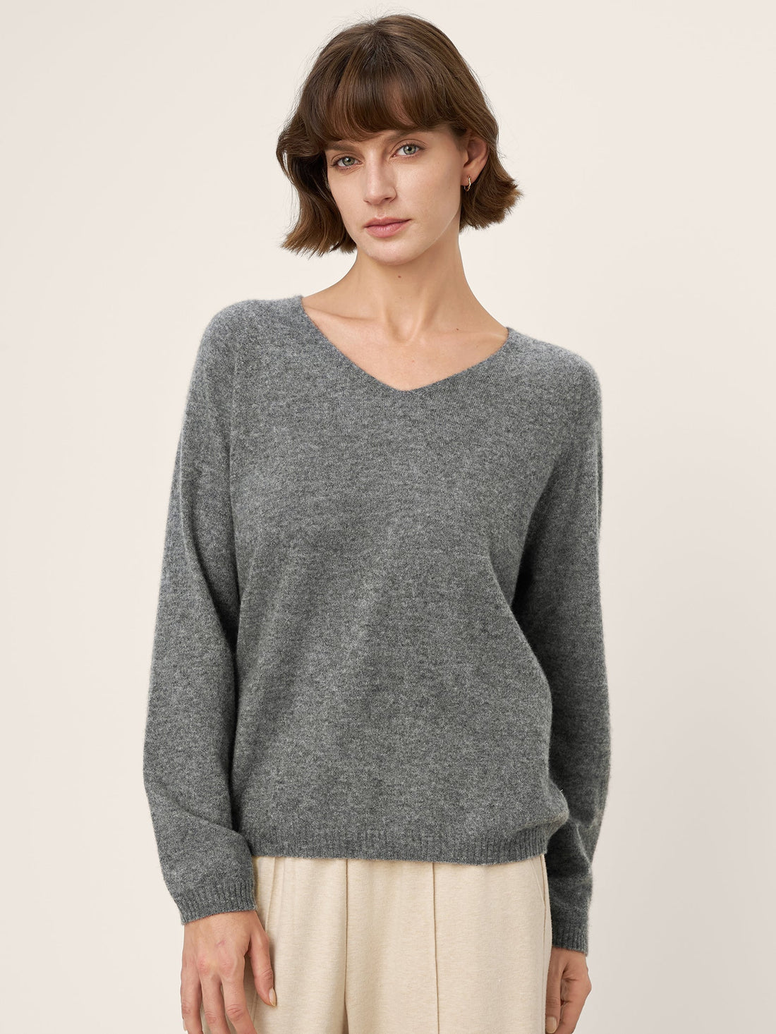 Mongolian Cashmere &amp; Mulberry Silk Seamless Ribbed Trim V-Neck Sweater TESSA by LINTICO