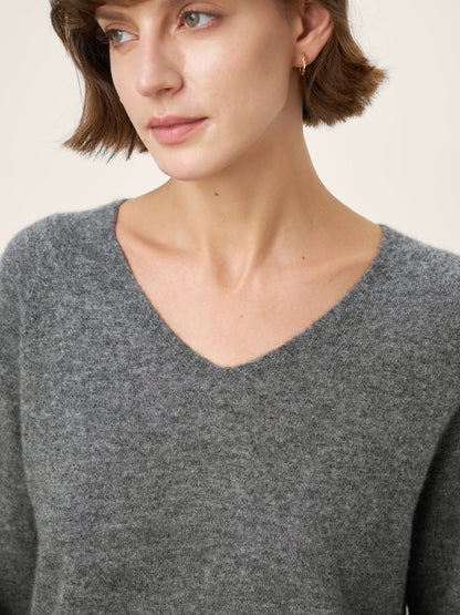 Mongolian Cashmere &amp; Mulberry Silk Seamless Ribbed Trim V-Neck Sweater TESSA by LINTICO