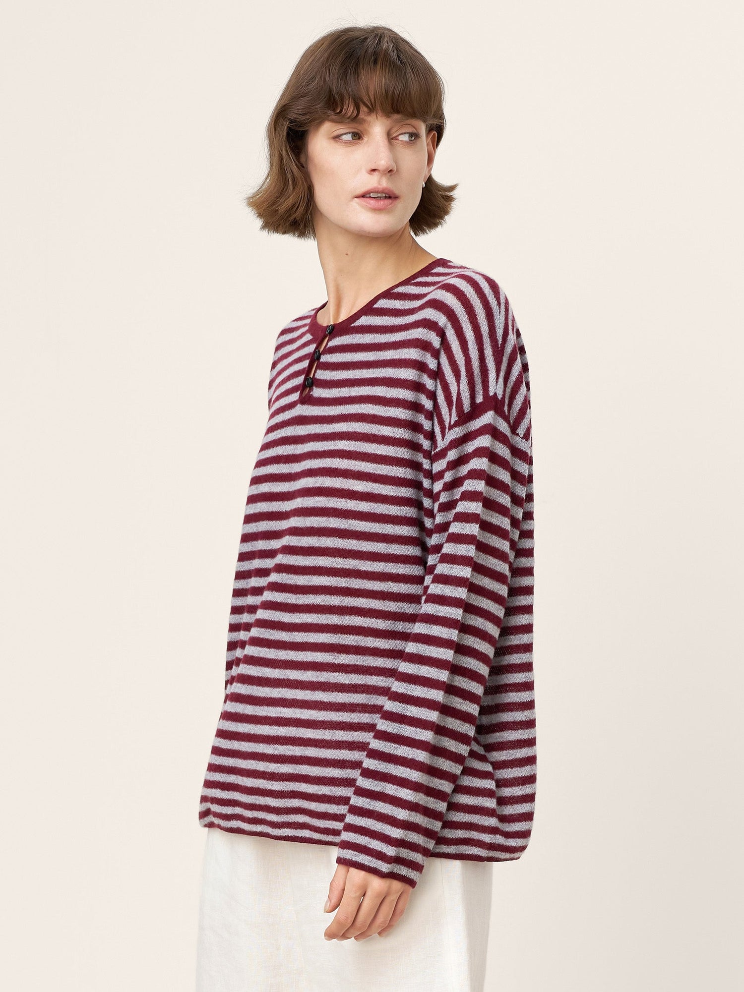100% Mongolian Cashmere Drop Shoulder Stripe Knit Top RAINA by LINTICO
