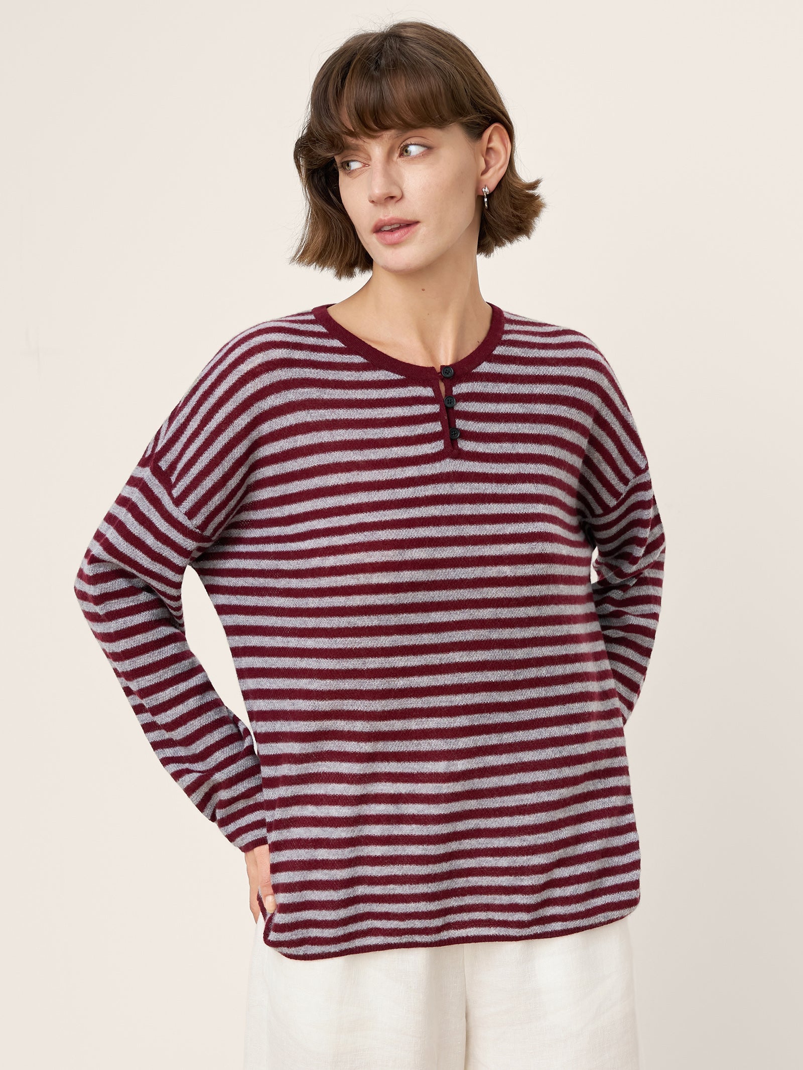 100% Mongolian Cashmere Drop Shoulder Stripe Knit Top RAINA by LINTICO
